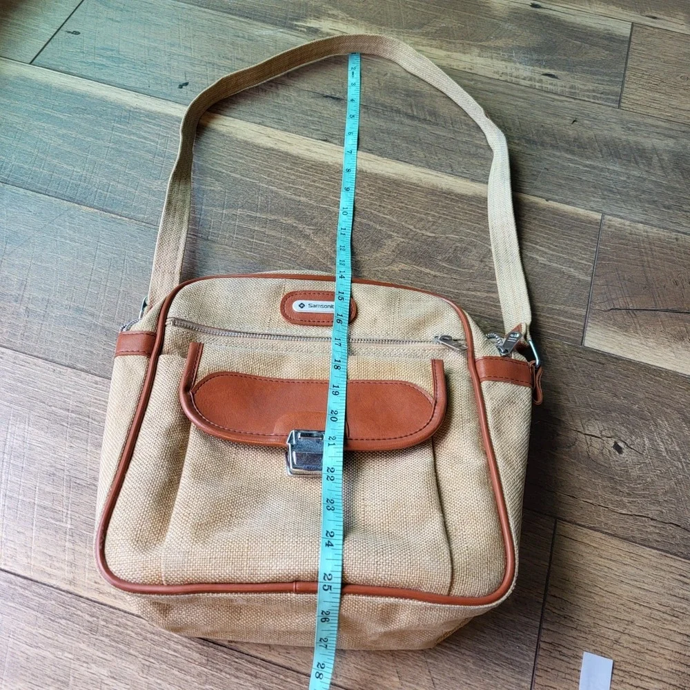 Samsonite Vintage Tan Canvas Crossbody Messenger Bag Brown Trim Travel Pouch